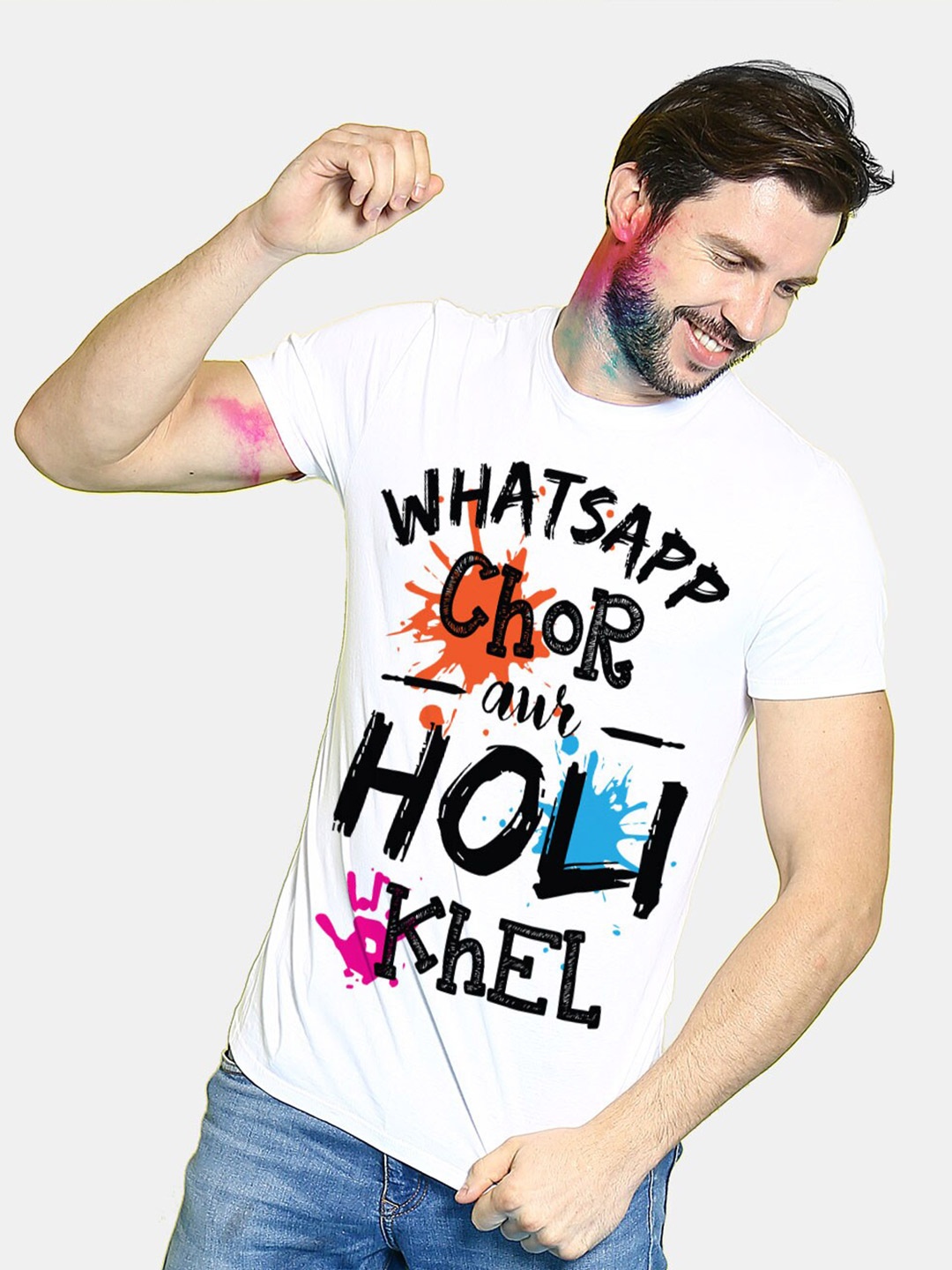 

BonOrganik Men White Whatsapp Chor Aur Holi Khel Printed T-shirt