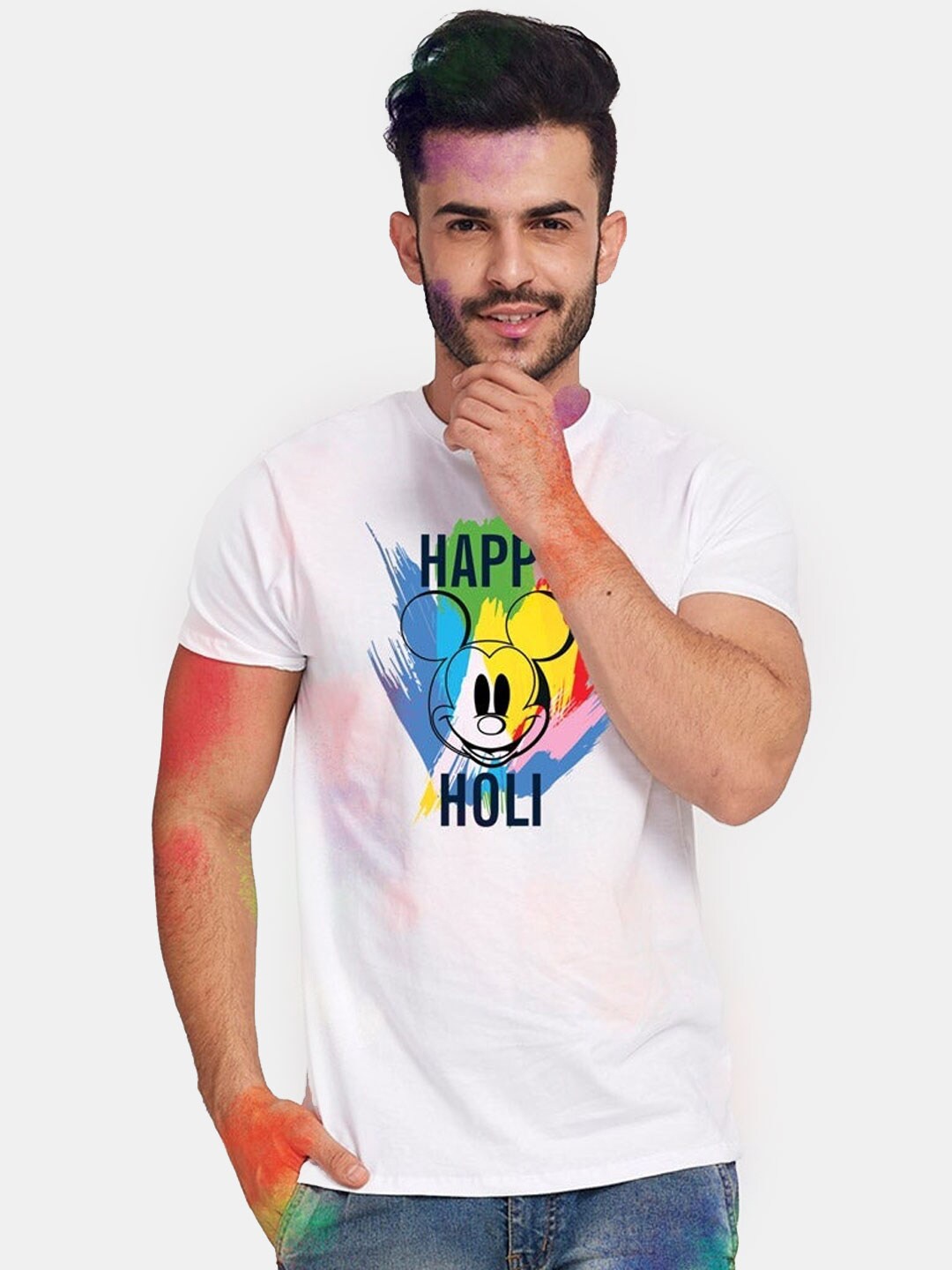

BonOrganik Men White Happy Holi Disne Printed T-shirt