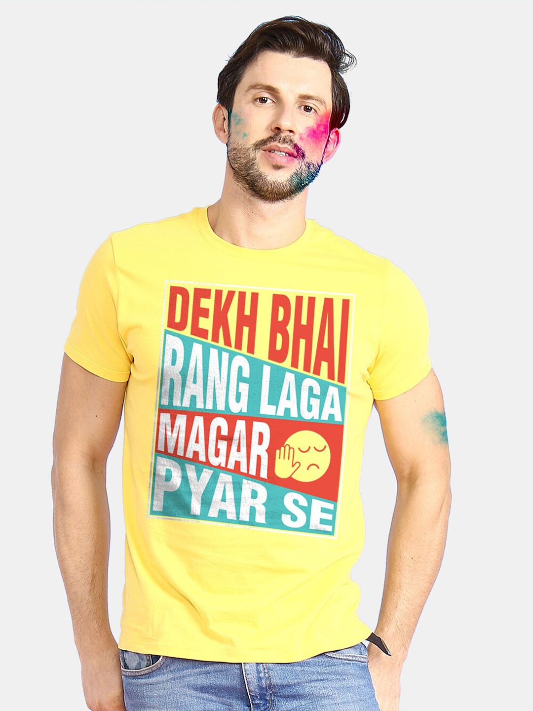 

BonOrganik Men Yellow Dekh Bhai Rang Laga Magar Pyar Se Printed Holi T-shirt