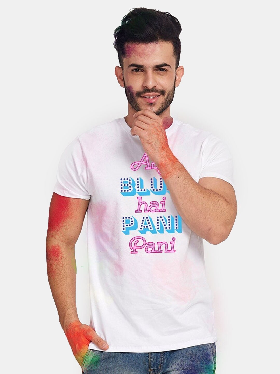 

BonOrganik Men White Aaj Blue Hai Holi Printed Cotton T-shirt