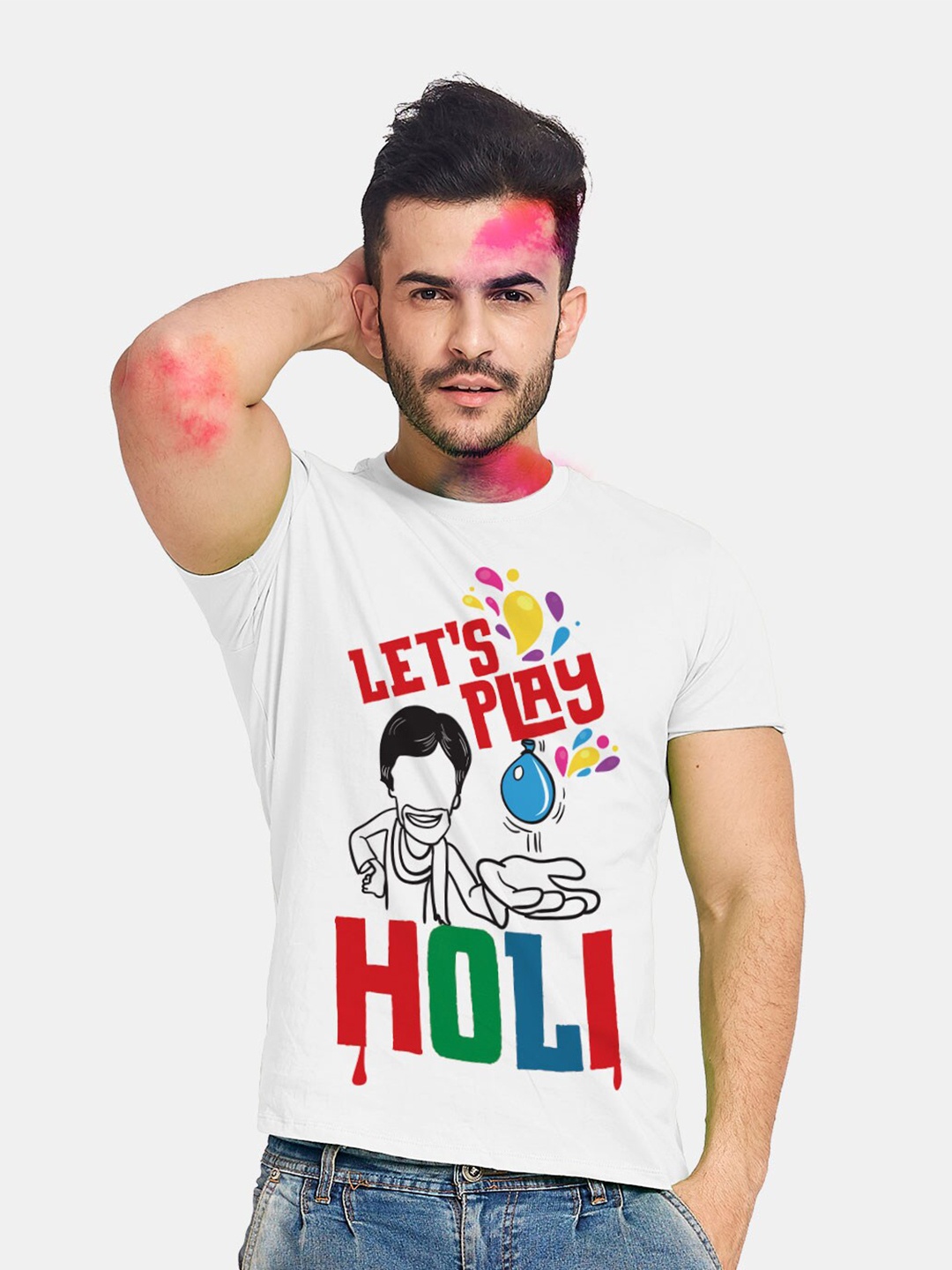 

BonOrganik Men White & Red Lets Play Holi Typography Printed T-shirt