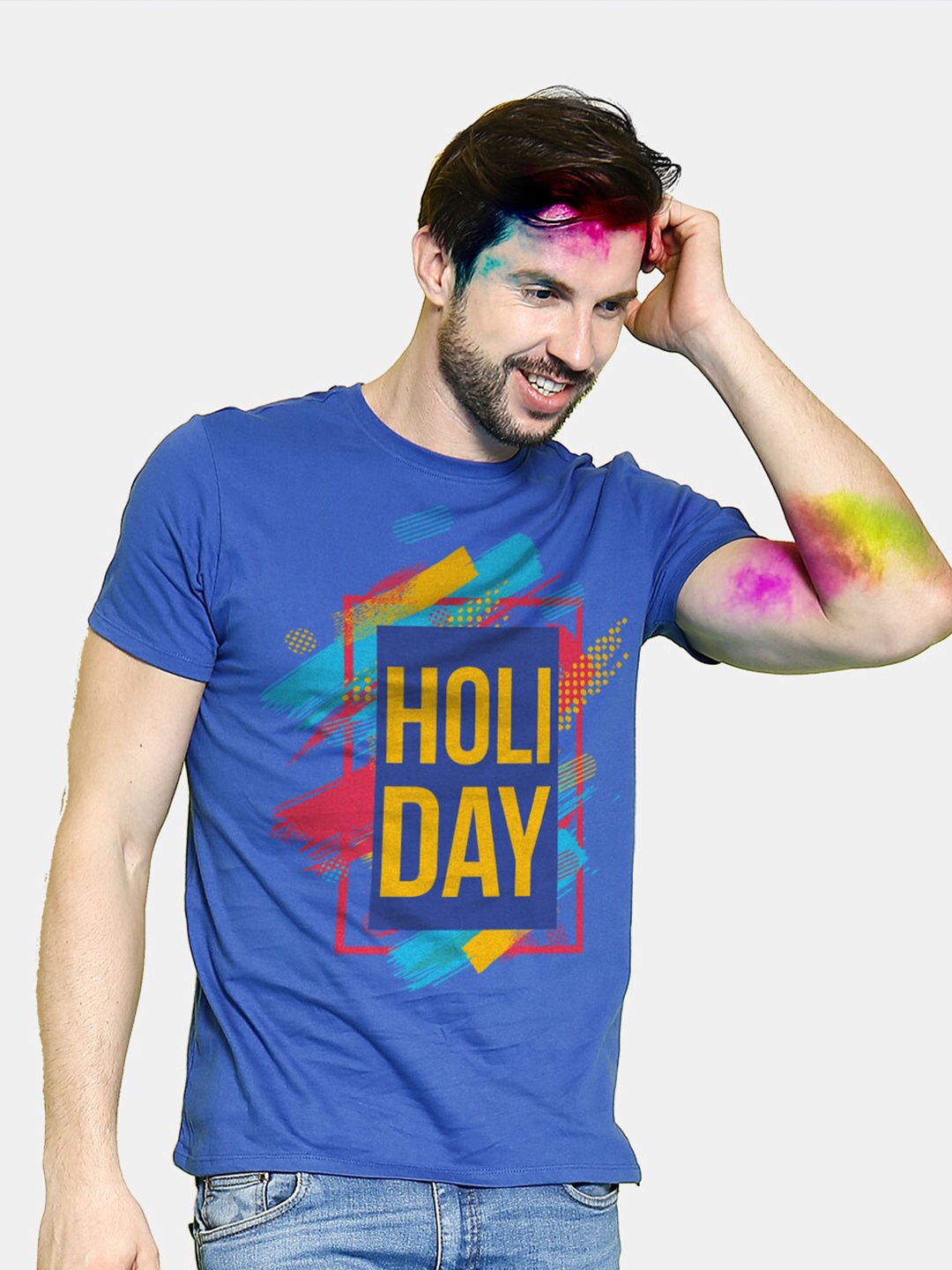 BonOrganik Men Blue Holi Day Printed T-shirt