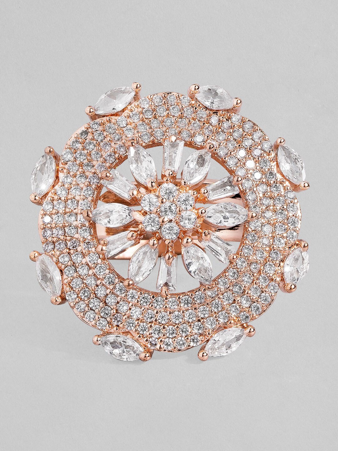

Rubans Rose Gold-Plated & White CZ Stone Studded Finger Ring
