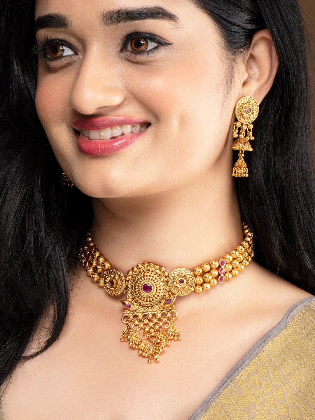 

Rubans Gold-Plated Pink Stone Studded Handcrafted Temple Jewellery Set