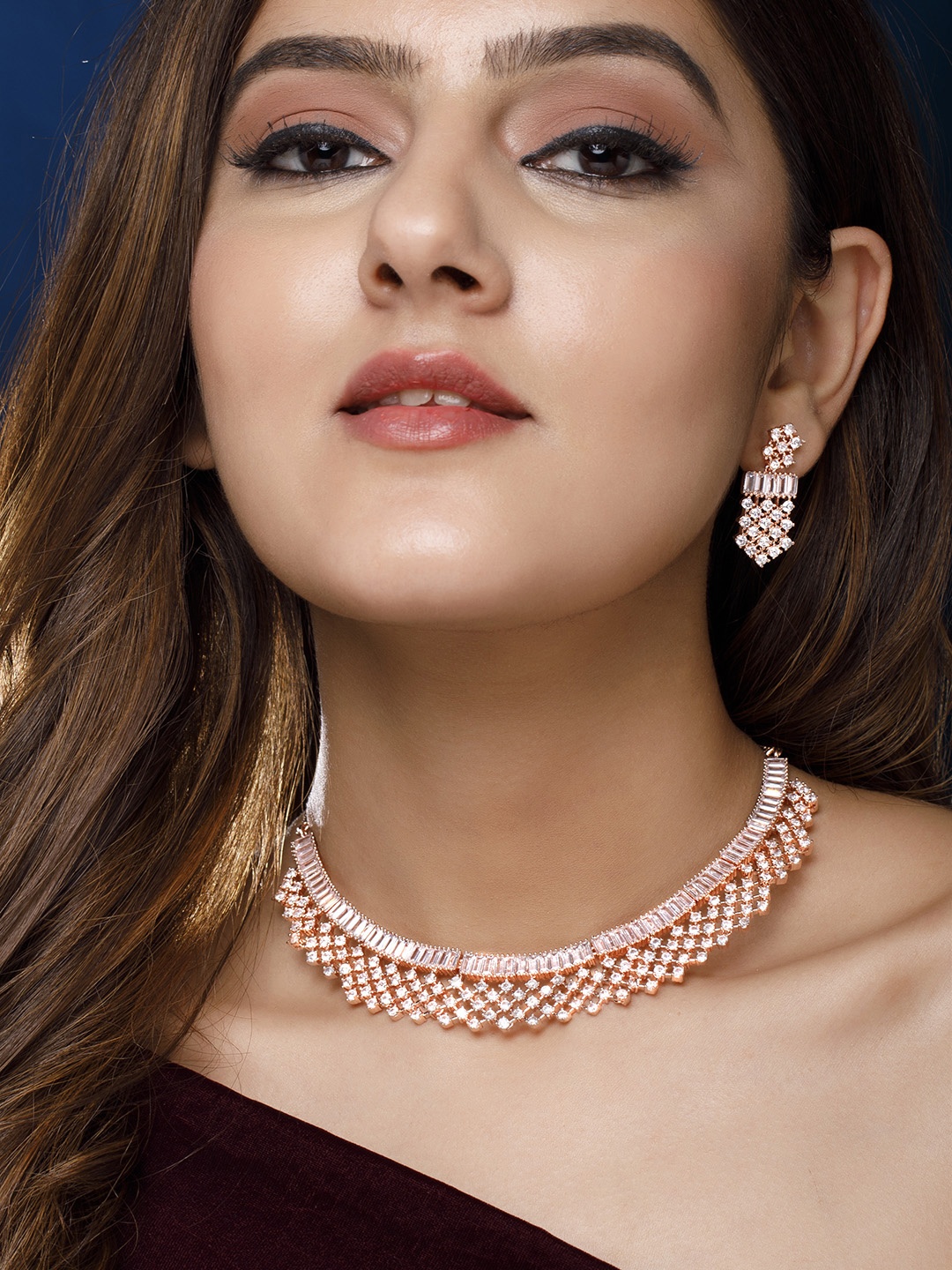 

Rubans 22K Rose Gold-Plated White AD & Cubic Zicronia Studded Jewellery Set