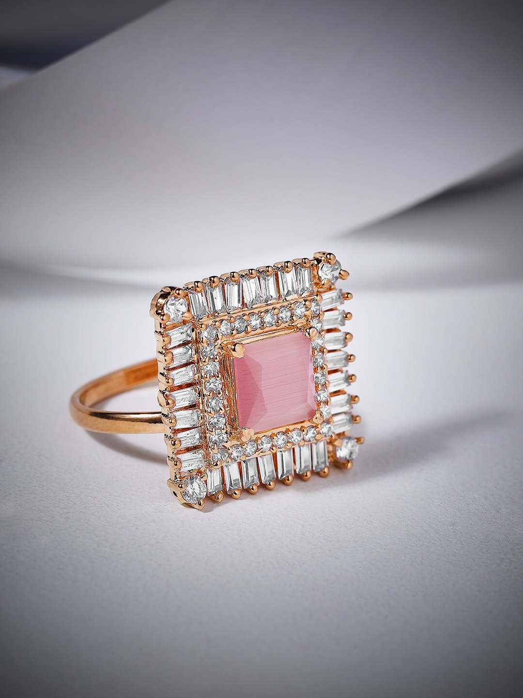 

Rubans Rose Gold-Plated White & Pink CZ-Studded Adjustable Finger Ring