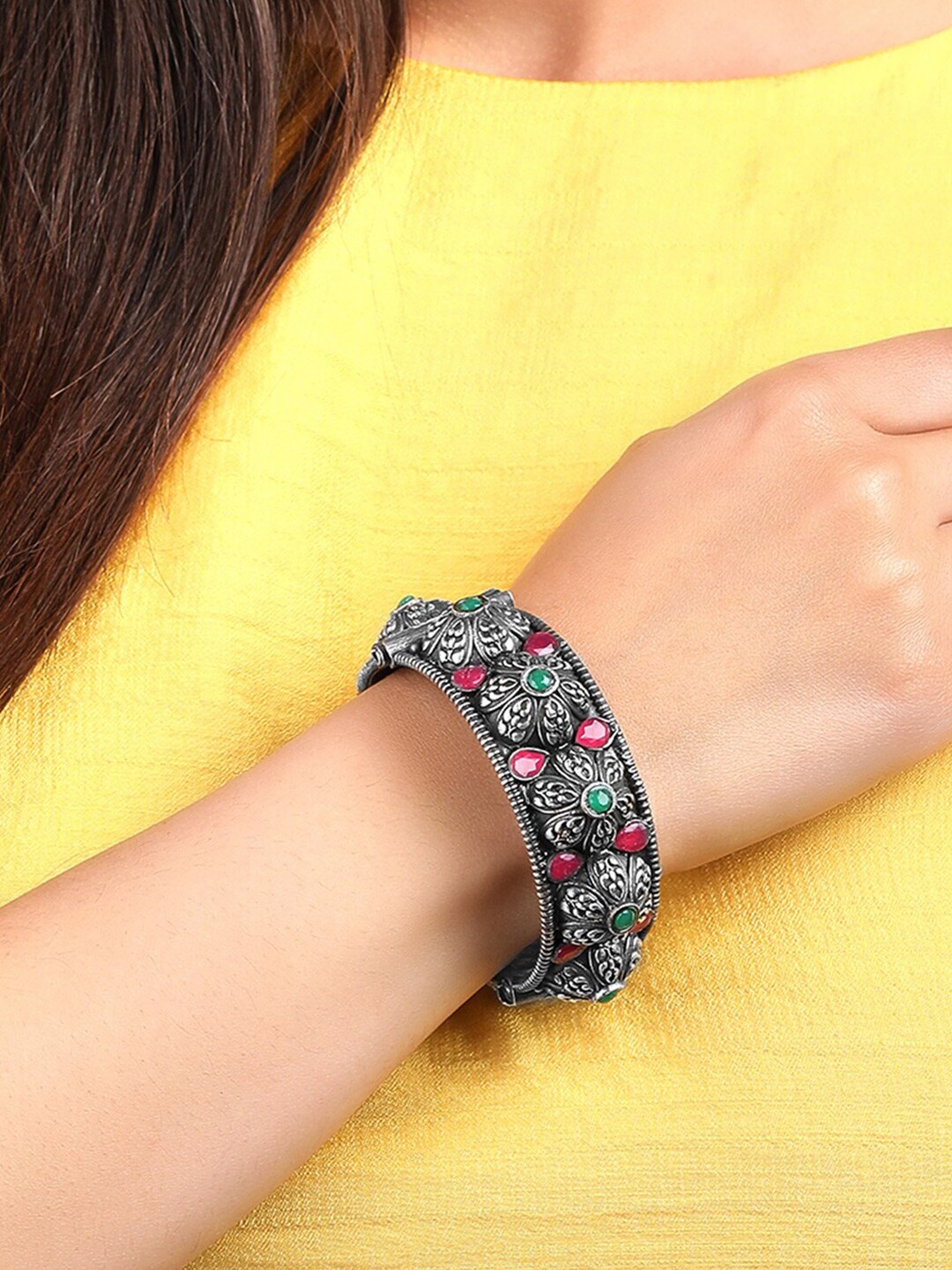 

Rubans Women Oxidised Silver-Toned Pink & Green Stone Studded Bangle-Style Bracelet