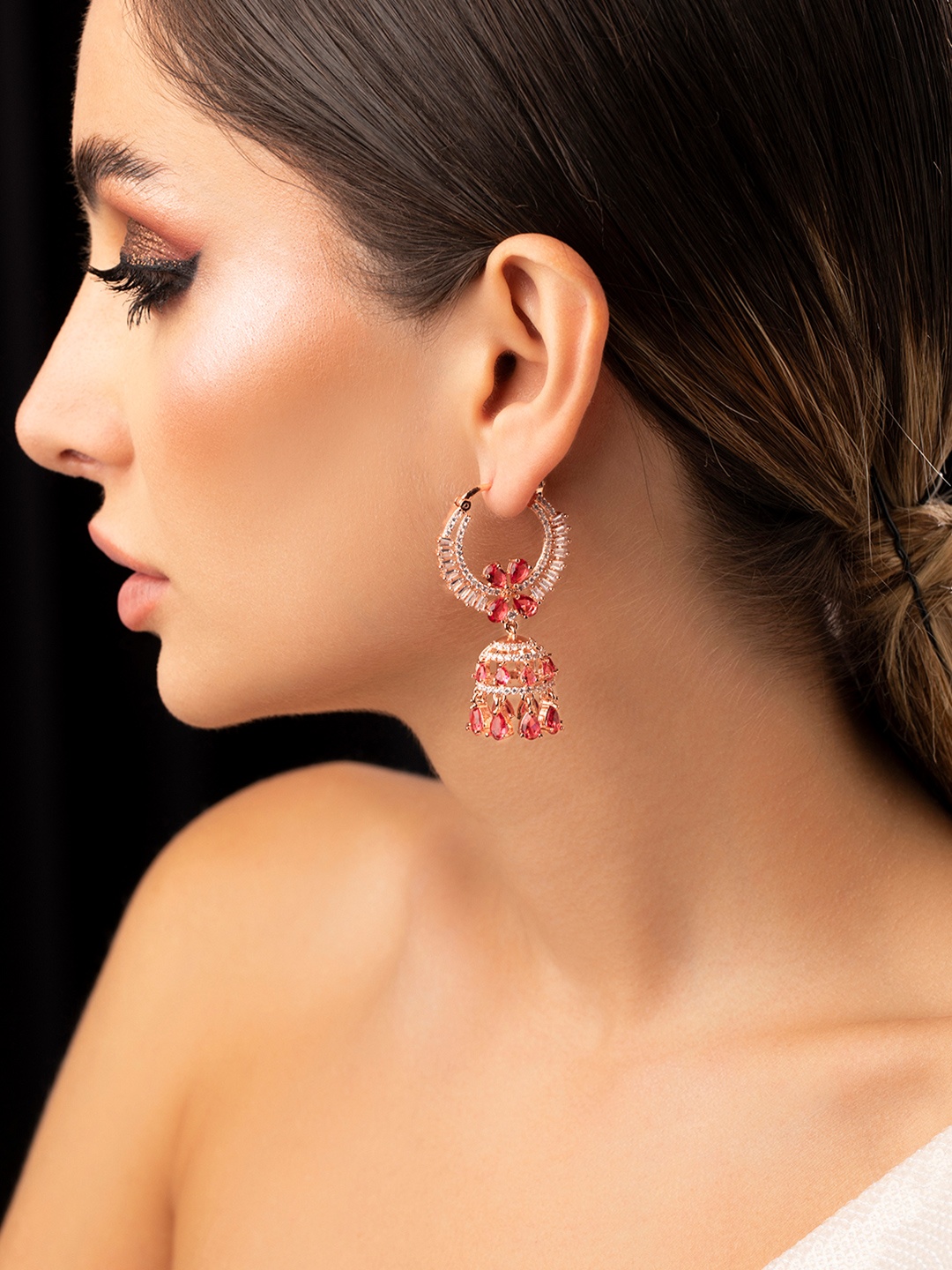 

Rubans Premium 22K Rose Gold Plated Pink Stone & CZ Studded Floral Design Jhumka Earrings