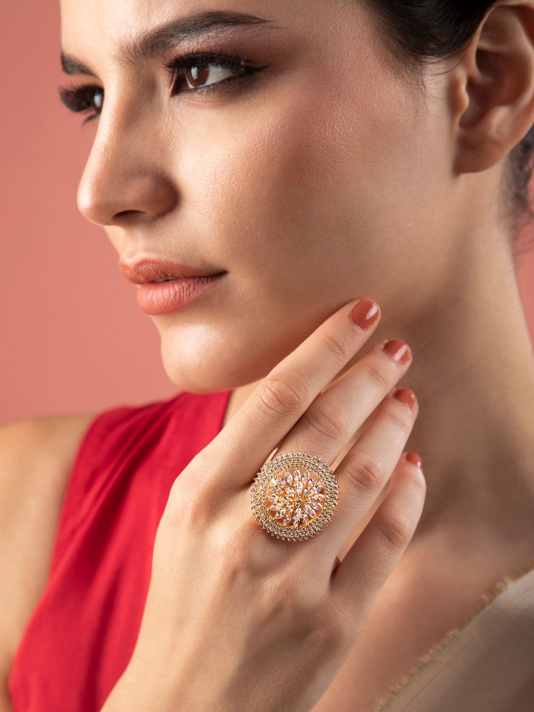 

Rubans Rose Gold-Plated White CZ-Studded Adjustable Finger Ring