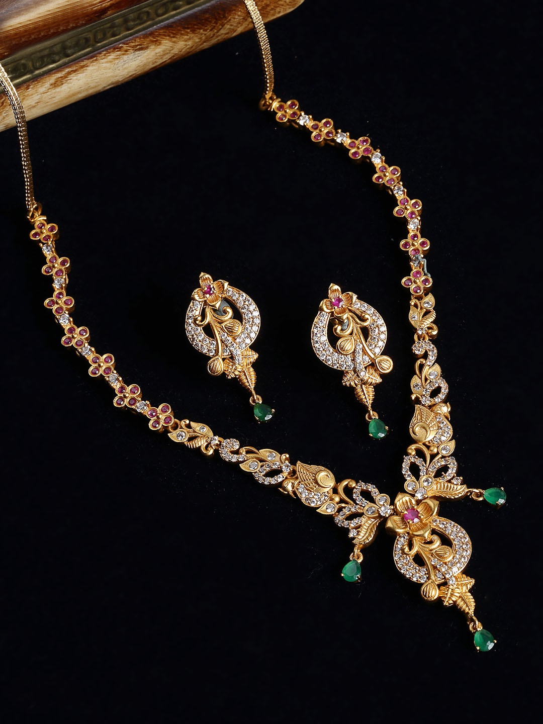 

PANASH Gold-Plated & Green CZ-Studded Embellished Jewellery Set