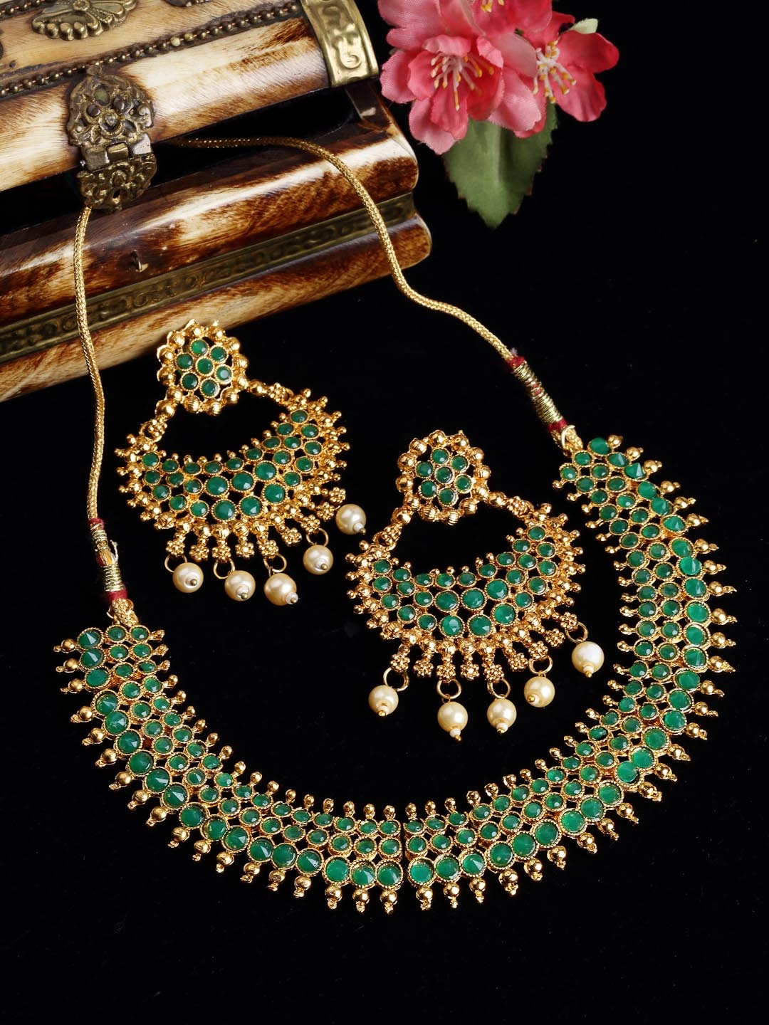 

PANASH Gold-Plated & Green Stone Studded & Beaded Jewellery Set