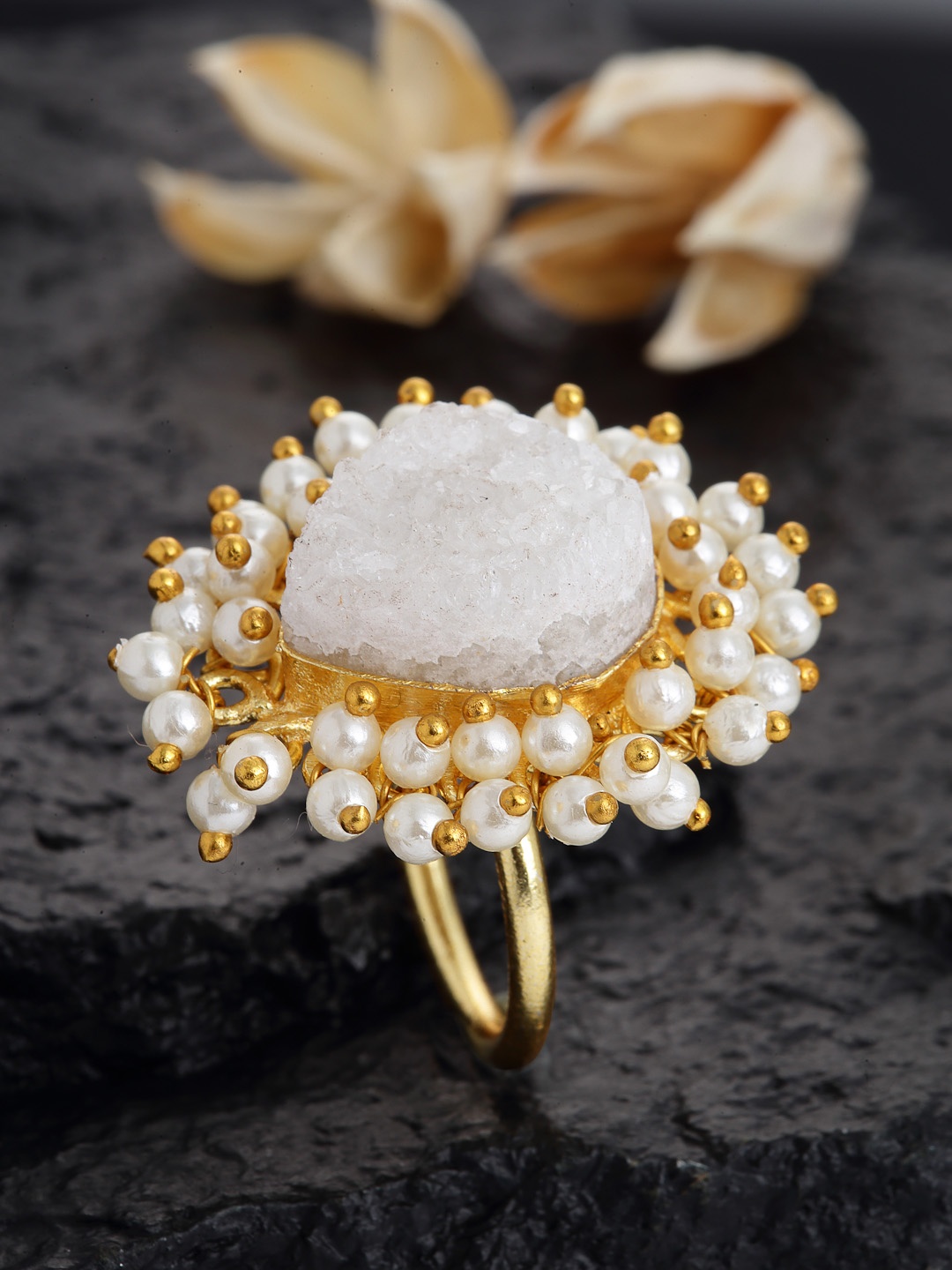 

PANASH Gold-Plated White Druzy & Pearl Beaded Adjustable Finger Ring