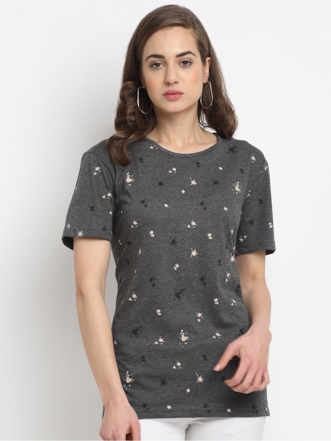 

MACK JONNEY Women Grey Printed Extended Sleeves T-shirt