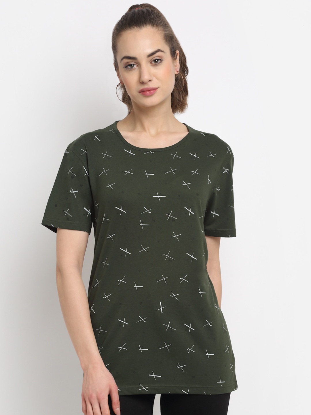 

MACK JONNEY Women Olive Green & White Printed T-shirt