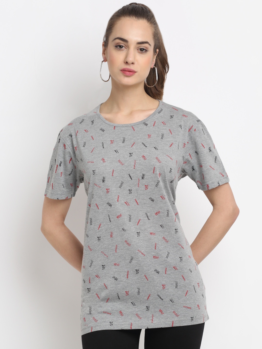 

MACK JONNEY Women Grey Printed Pockets T-shirt