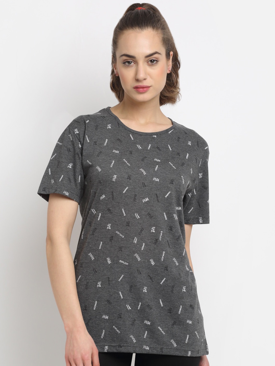 

MACK JONNEY Women Grey Typography Printed T-shirt