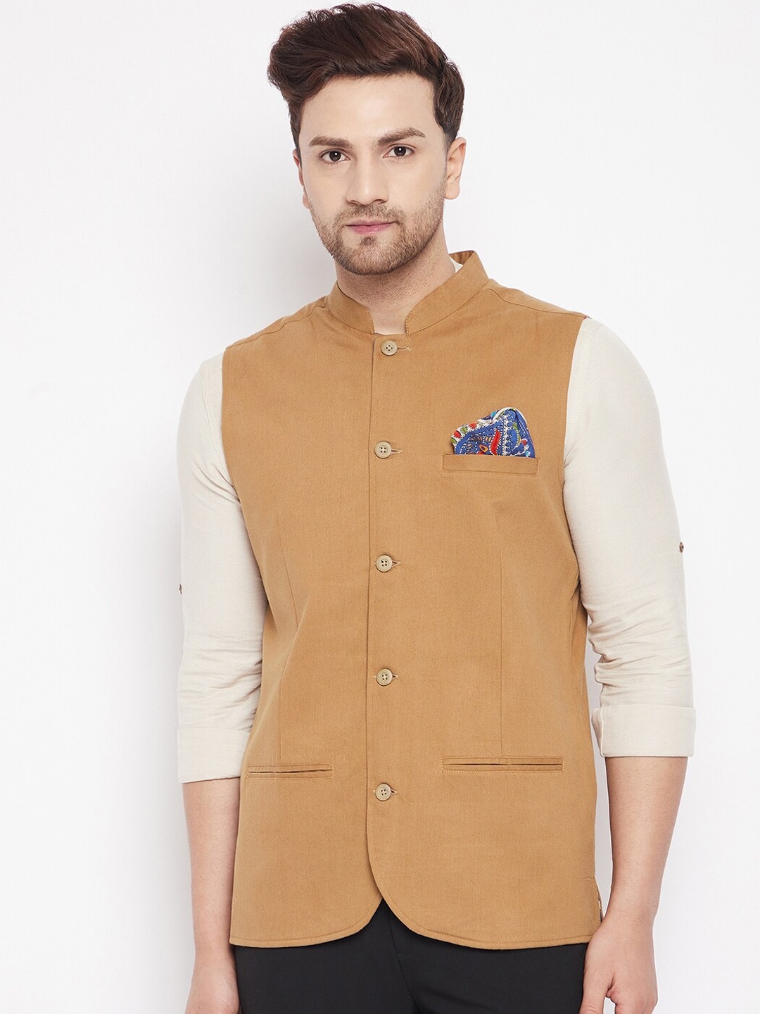 

even Men Brown Woven Design Nehru Jacket