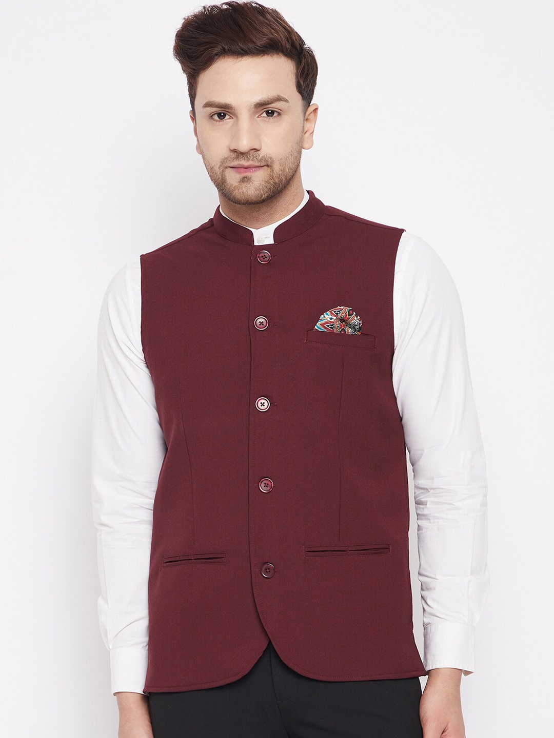 

even Men Maroon Solid Nehru Jacket With Contrast Lining-Inbuilt Pocket Square