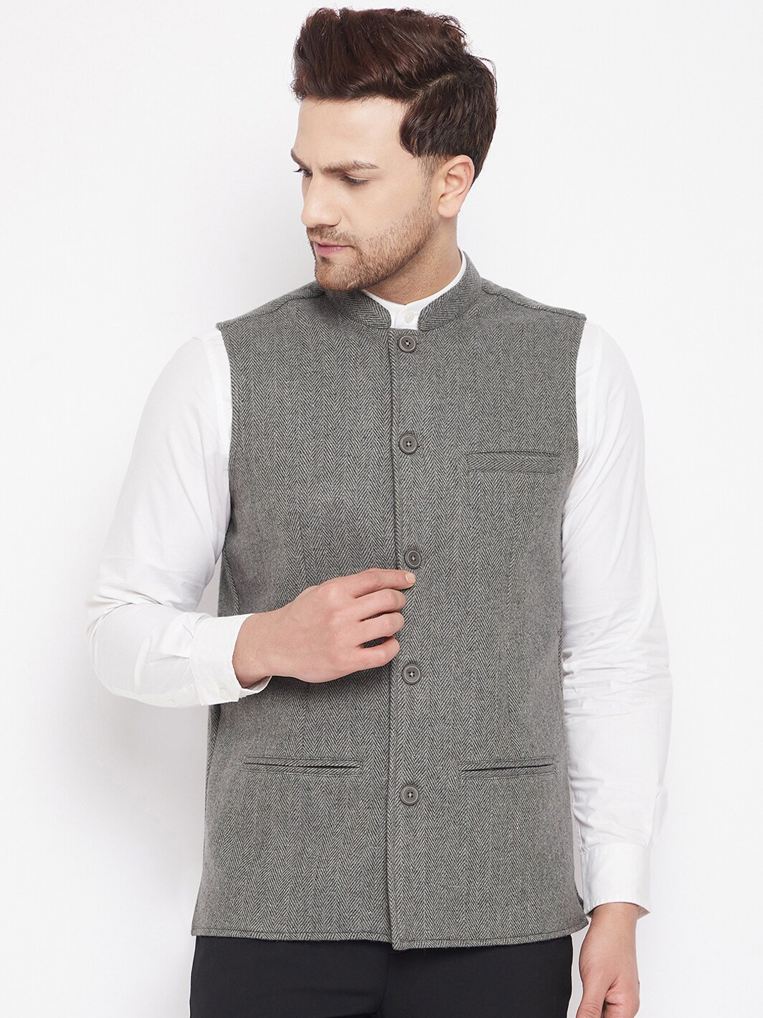 

even Men Grey Woven Design Pure Wool Nehru Jacket