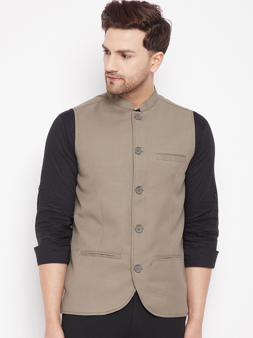 

even Men Beige Solid Woven Nehru Jacket