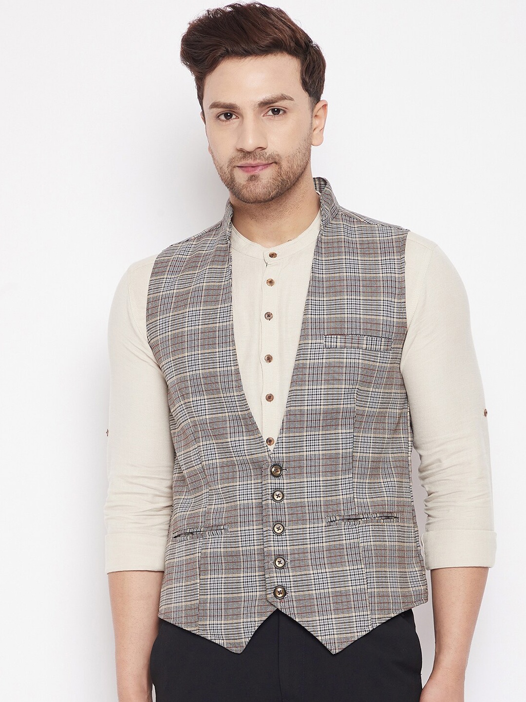 

even Men Brown & Grey Woven Design Nehru Jacket