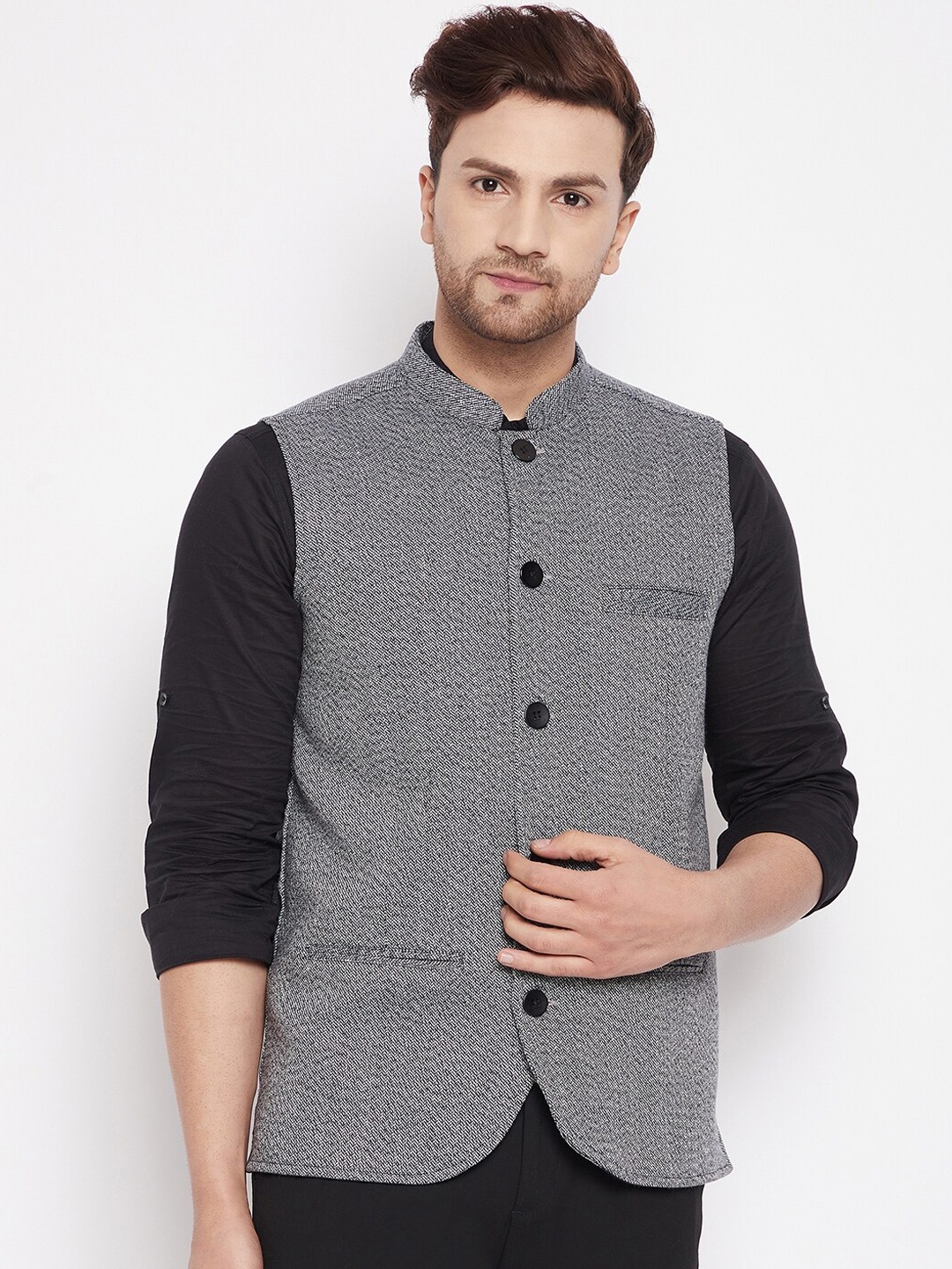 

even Men Grey Woven Design Nehru Jacket