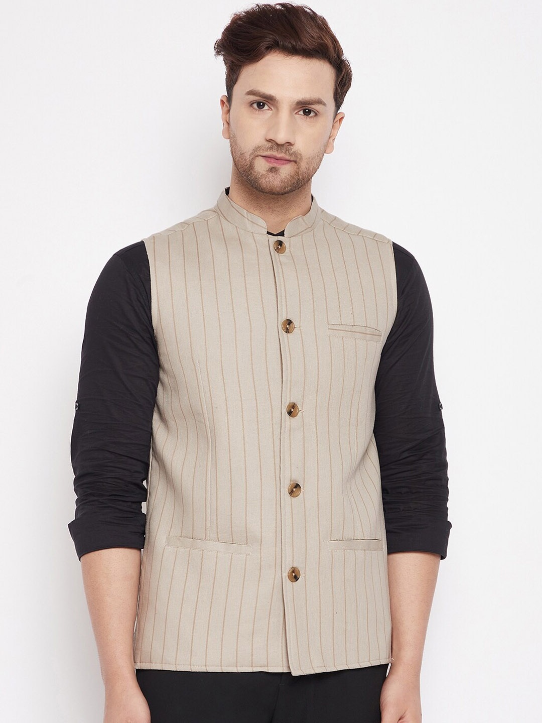 

even Men Beige Striped Woven Nehru Jacket