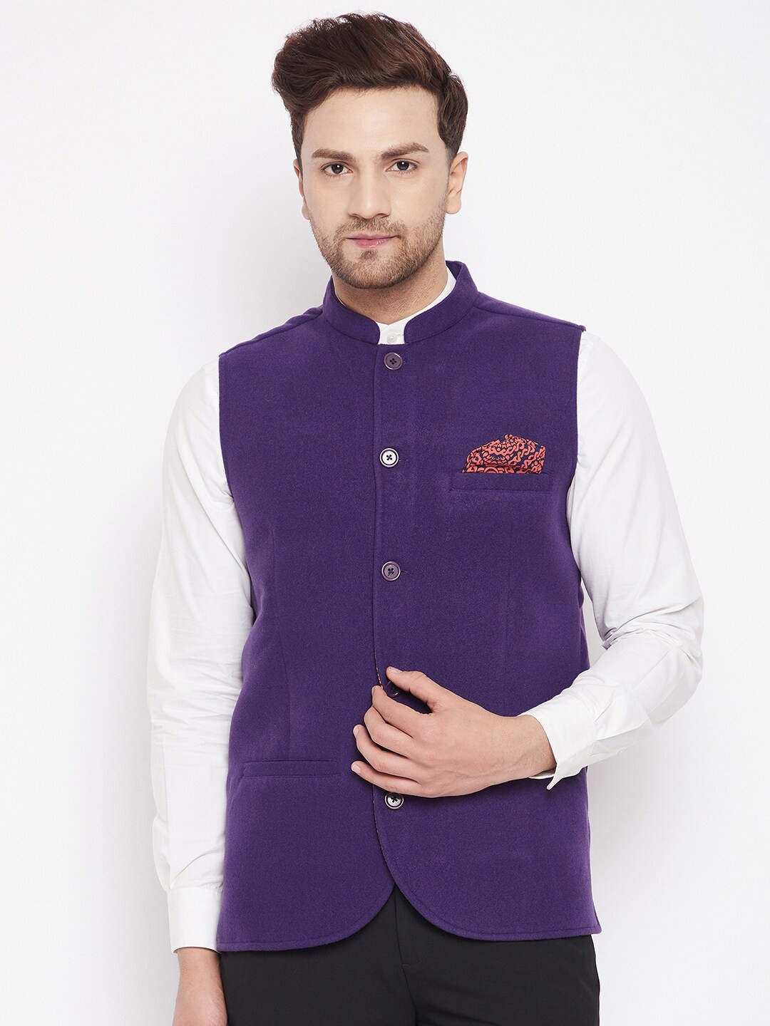 

even Men Purple Solid Pure Wool Nehru Jacket