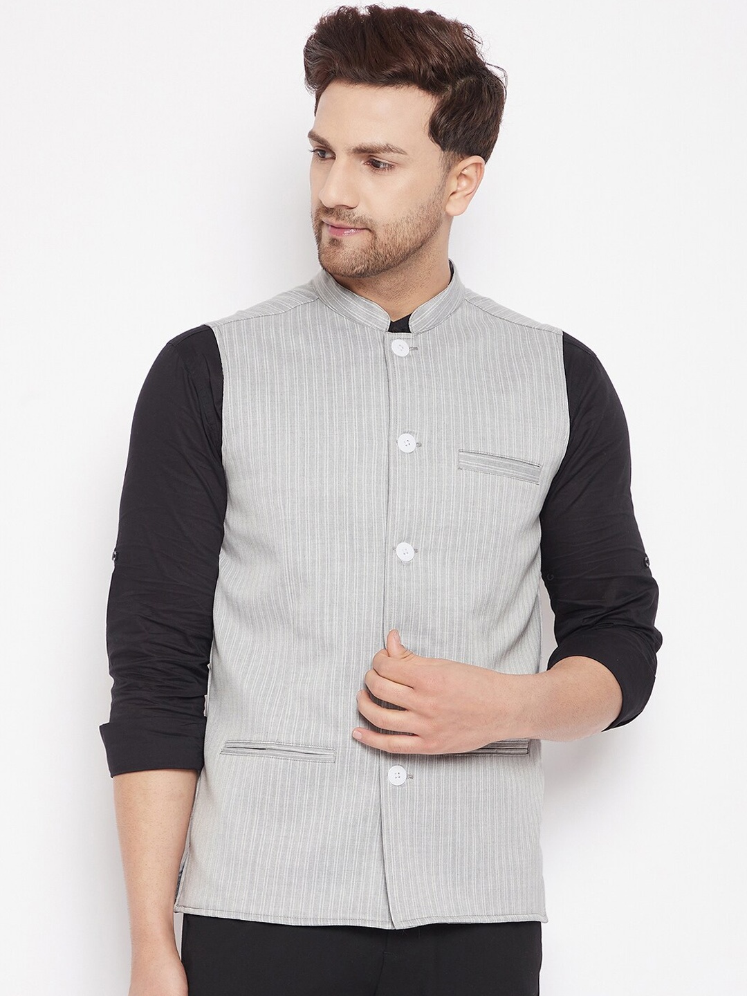 

even Men Grey Striped Bandhgala Nehru Jacket