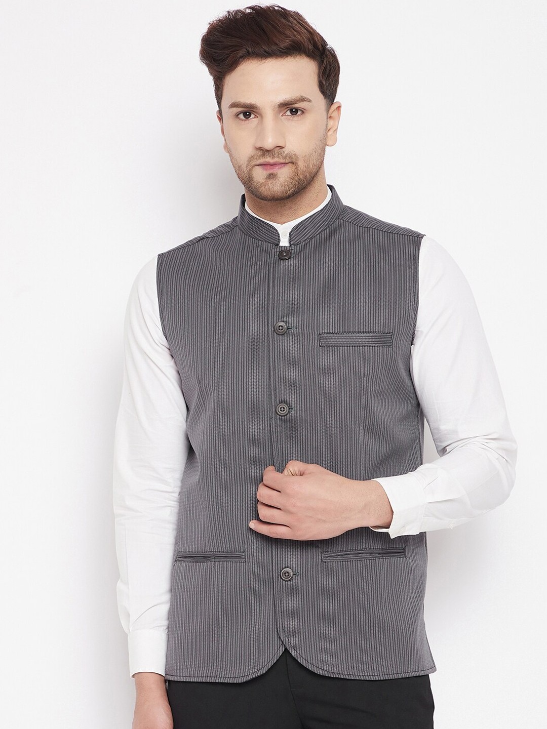 

even Men Grey & Black Striped Woven Design Nehru Jacket