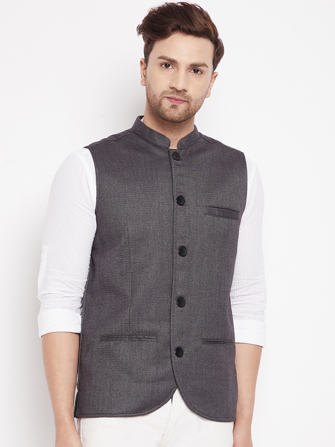 

even Men Grey Woven Design Nehru Jacket