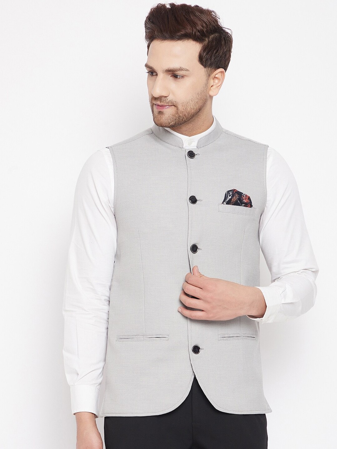 

even Men Grey Woven-Design Nehru Jacket with Inbuilt Pocket Square