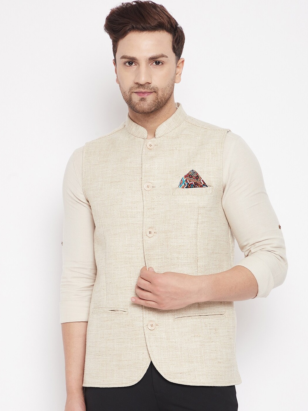 

even Men Cream-Coloured Woven Design Nehru Jacket