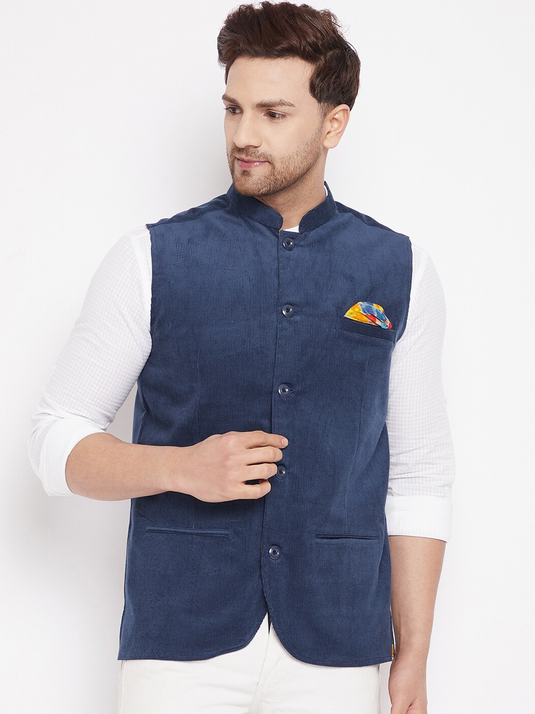 

even Men Blue Woven Design Nehru Jacket