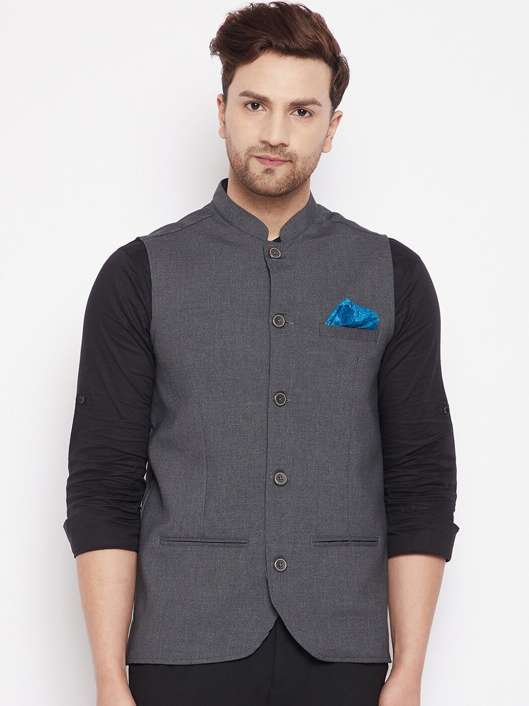 

even Men Grey Woven Design Nehru Jacket