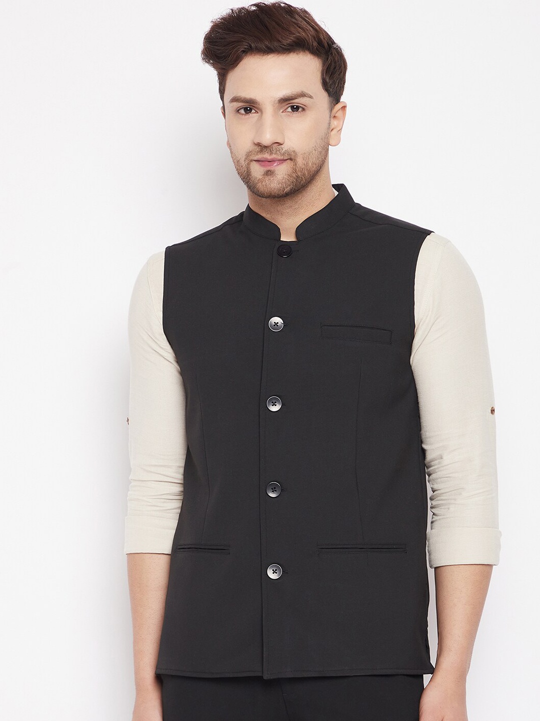 

even Men Black Solid Nehru Jacket