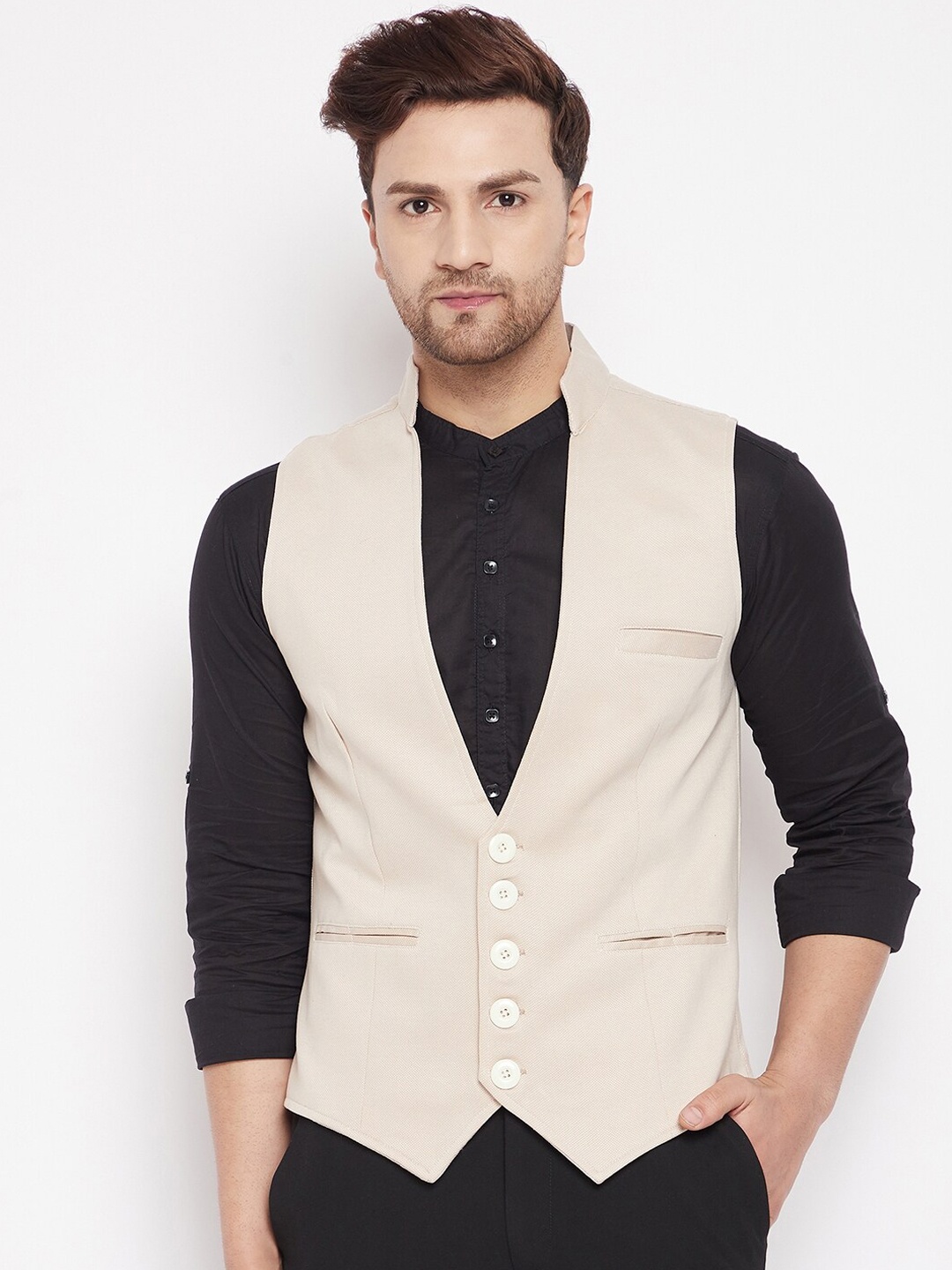 

even Men Cream-Coloured Solid Nehru Jacket