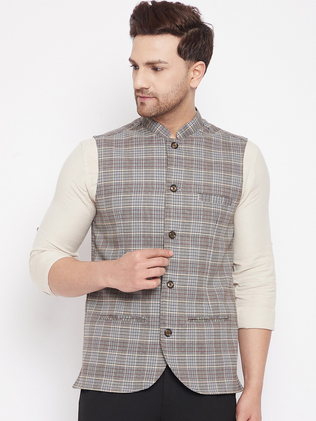 

even Men Brown & White Checked Nehru Jacket