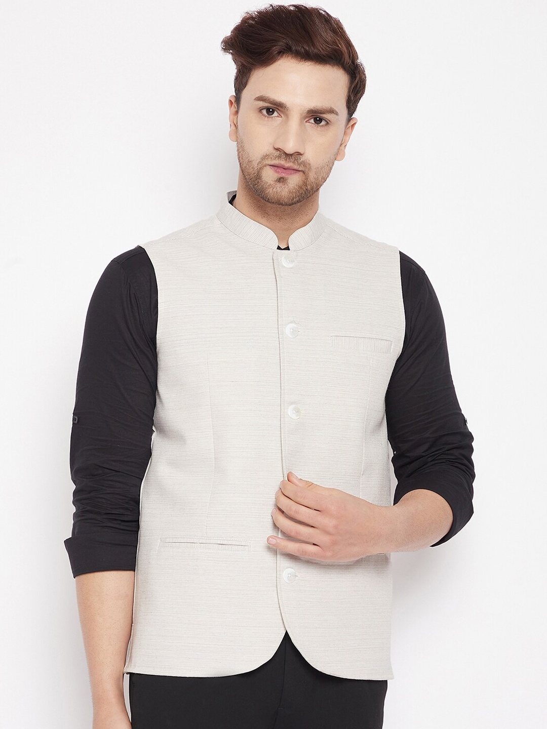 

even Men Cream Woven Design Nehru Jacket