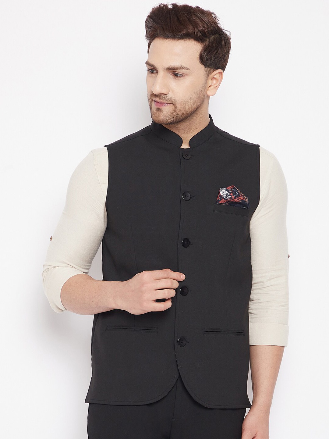 

even Men Black Solid Woven Nehru Jacket