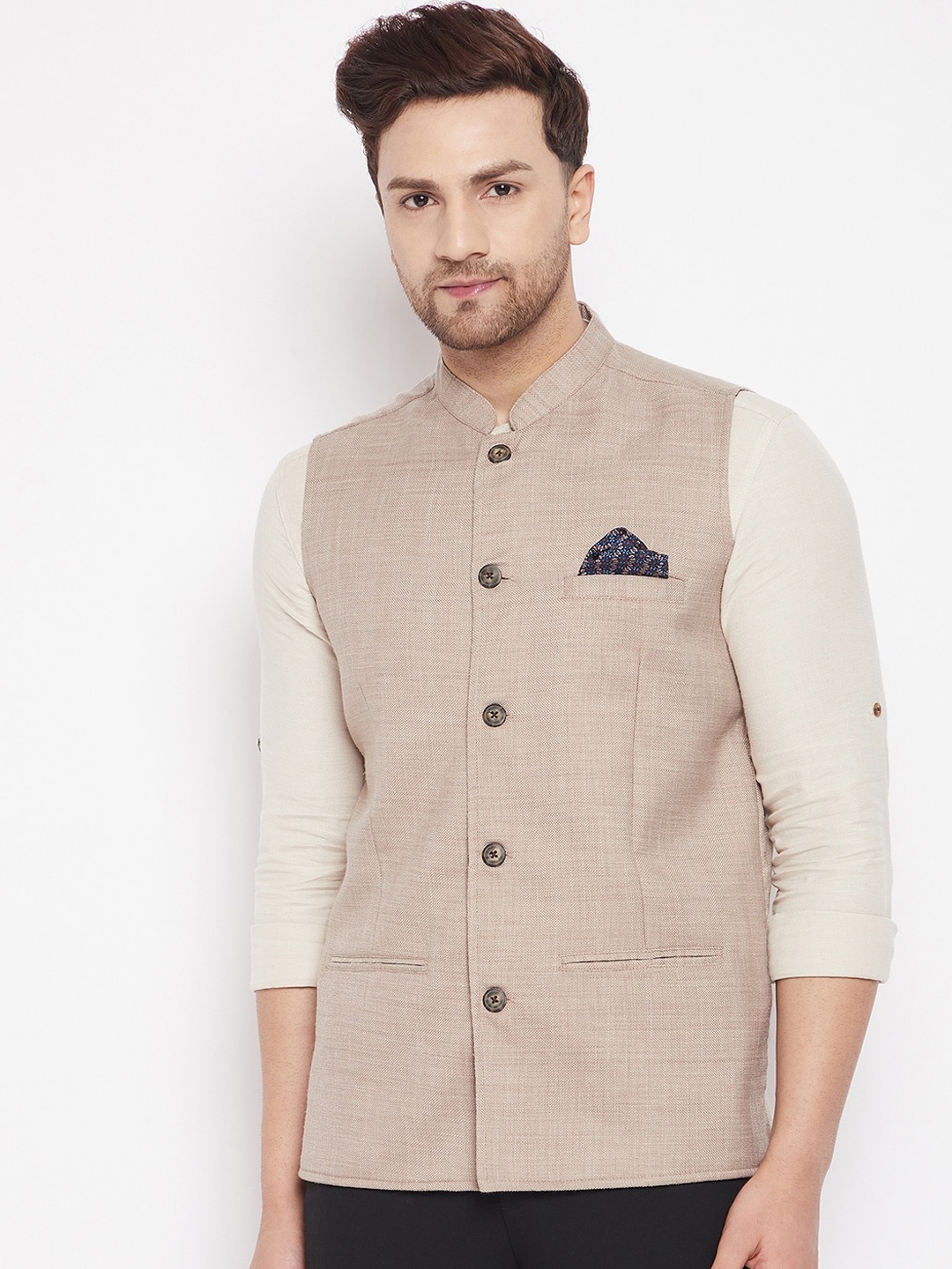 

even Men Cream-Coloured Woven-Design Linen Nehru Jacket With Inbuilt Pocket Square