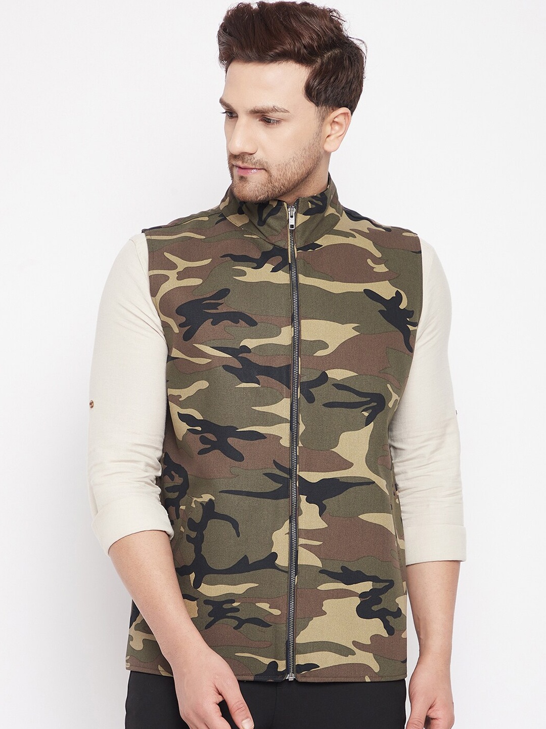 

even Men Green & Brown Woven Design Pure Cotton Nehru Jacket