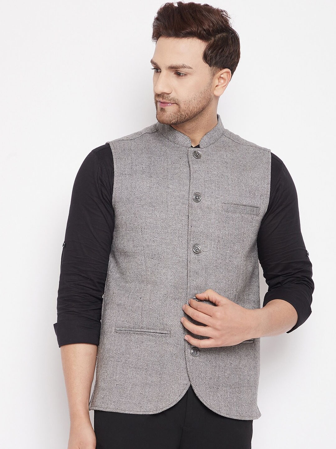 

even Men Grey Woven Design Woollen Nehru Jacket