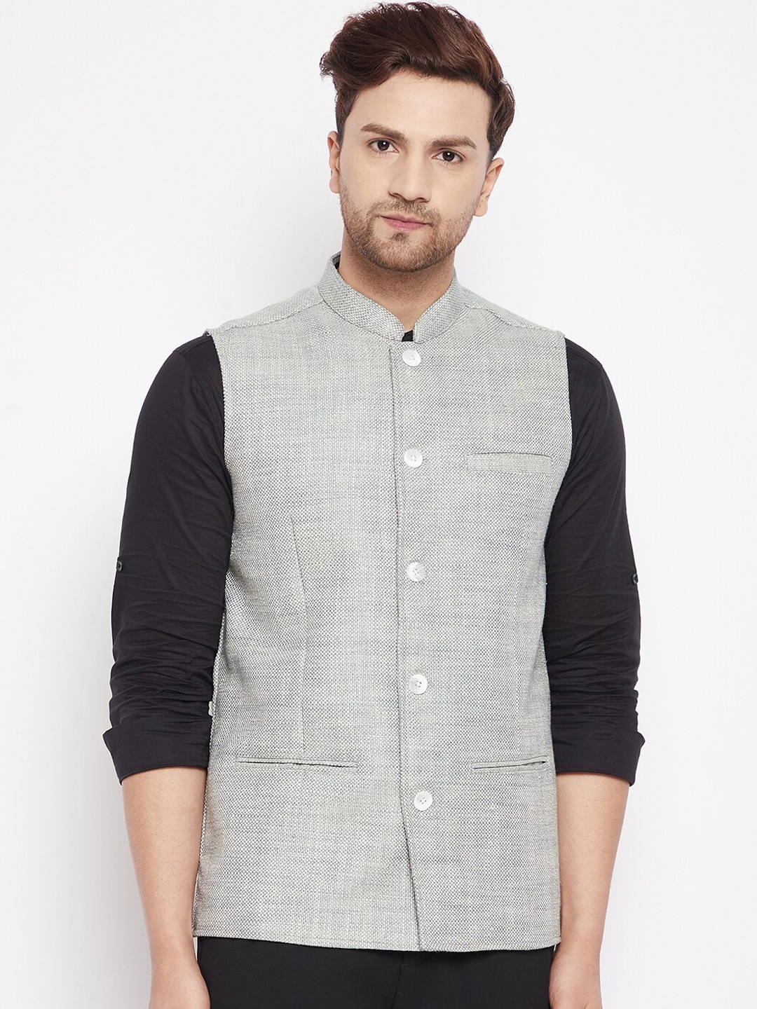 

even Men Green Woven Design Linen Nehru Jacket