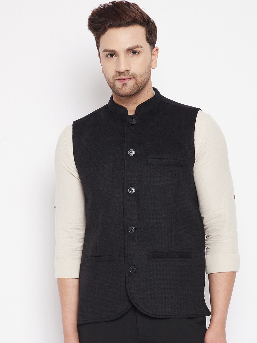 

even Men Black Woven-Design Woolen Nehru Jacket