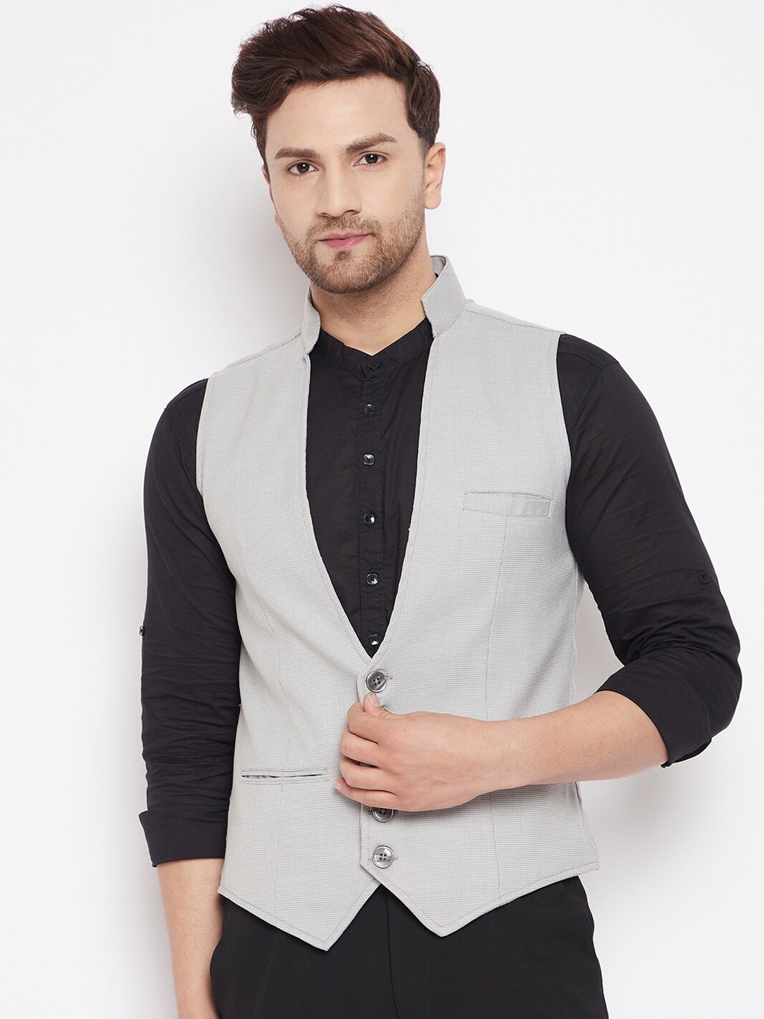 

even Men Grey Woven Design Waistcoat
