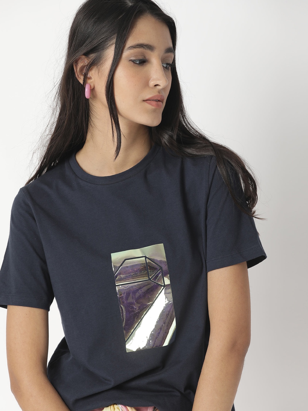 

RAREISM Women Navy Blue Printed Pure Cotton Slim Fit T-shirt