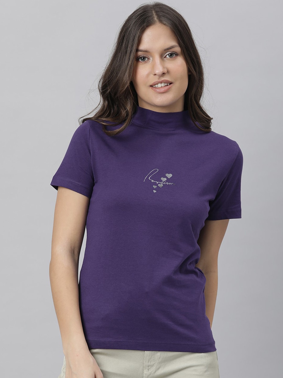 

RAREISM Women Purple Typography Printed Pure Cotton Slim Fit T-shirt