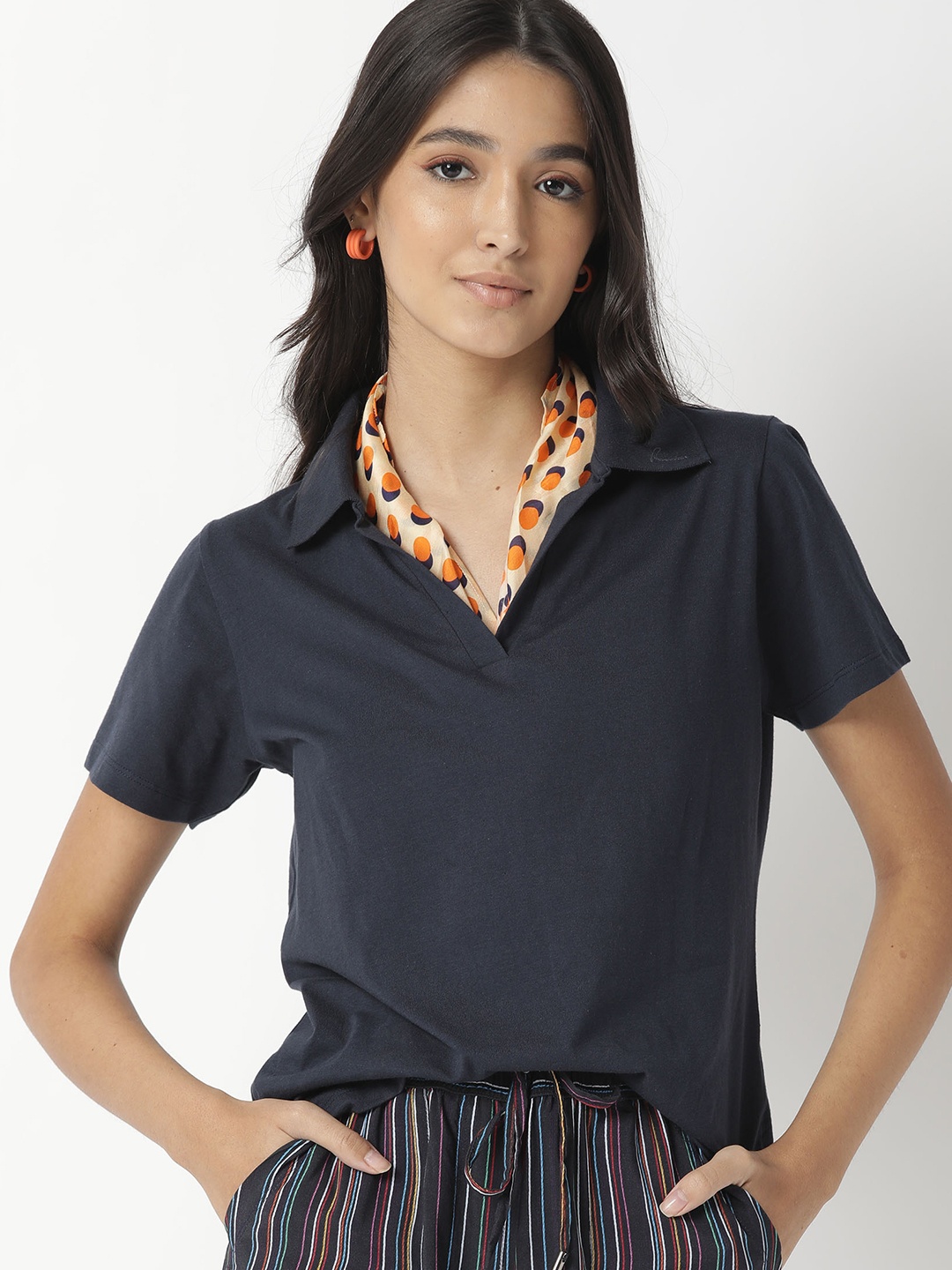 

RAREISM Women Navy Blue Polo Collar Pure Cotton Slim Fit T-shirt