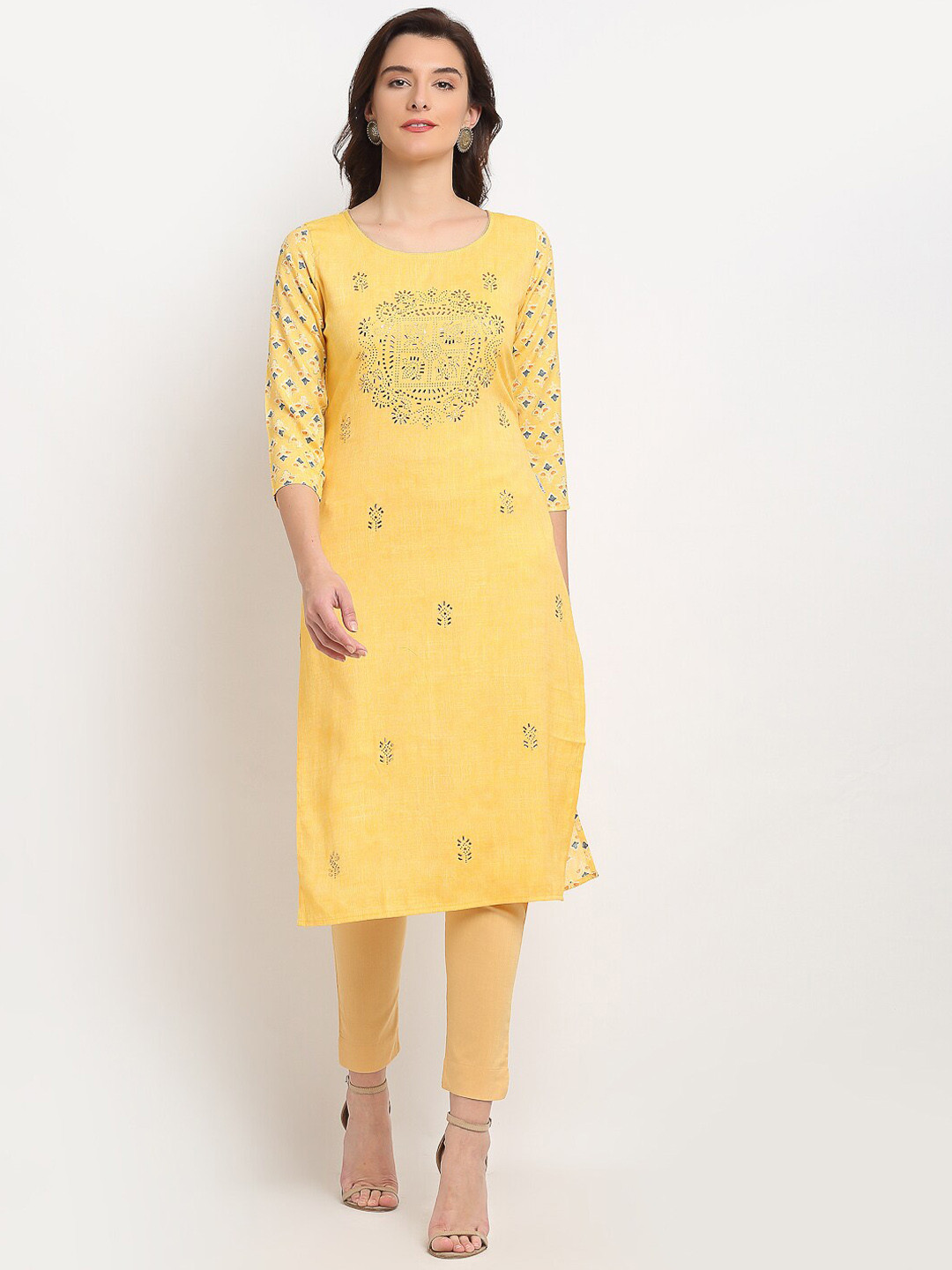 

Lovely Lady Women Yellow Ethnic Motifs Slim-Fit Embellished Kurta